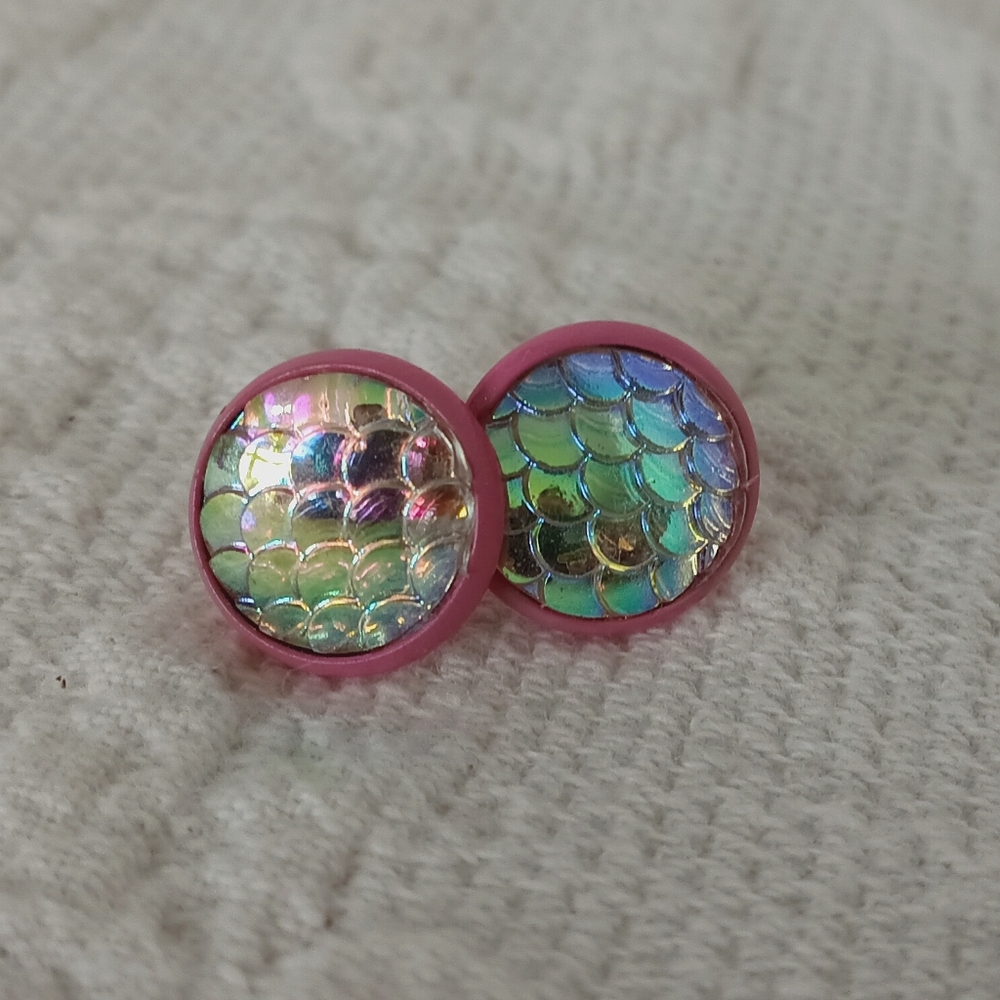 Pink Druzy Stud Earring Set Mermaid Iridescent Metallic Purple Glitter Dopamine - Picture 4 of 10